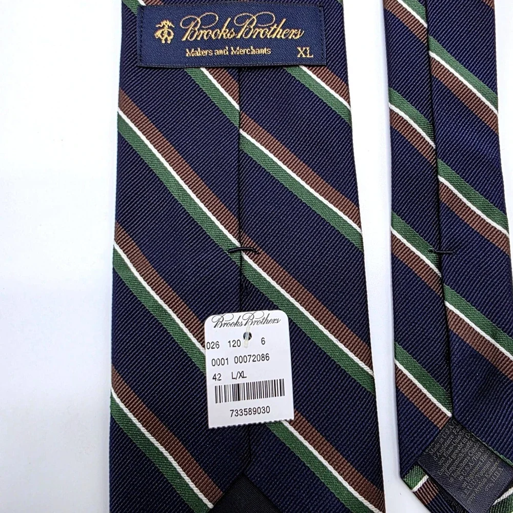 Brooks Brothers Mens XL Silk Repp Stripe Tie Navy Blue Green Brown Made in USA
